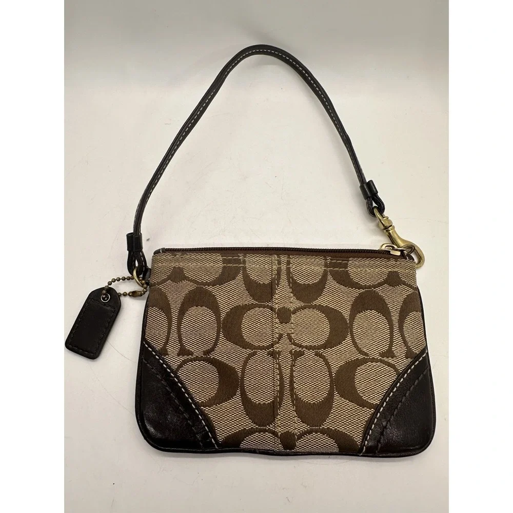 Coach Signature Jacquard Wristlet Brown Khaki Small Zip Pouch‎ EUC